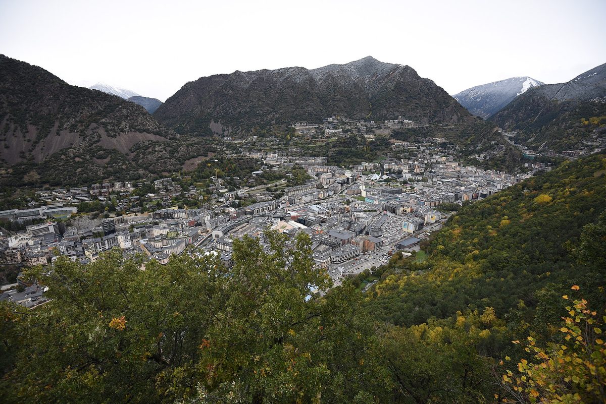 Andorra la Vella filling its Pyrenean valley at 1,023 m - Europe's highest capital seen from the slopes above town