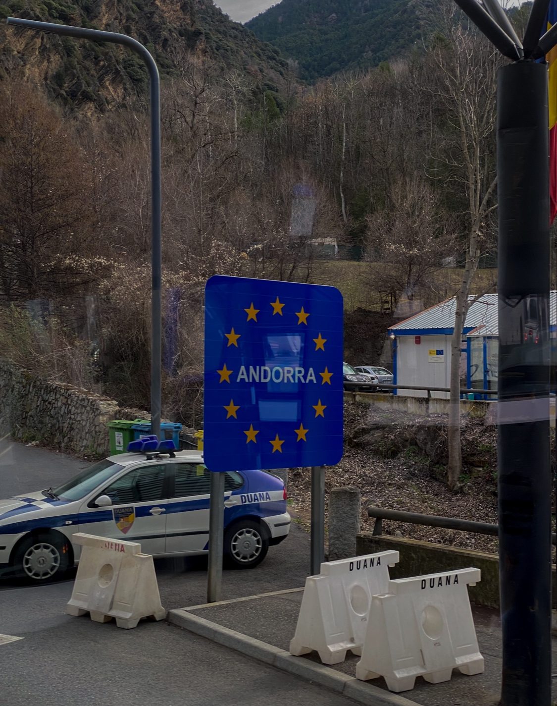 The Andorran customs (duana) post at the Spanish border - the sign and channel barriers every shopping run passes