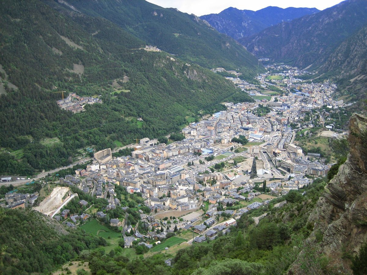 Escaldes-Engordany rooftops and the Valira valley, the hot-spring parish around the spa