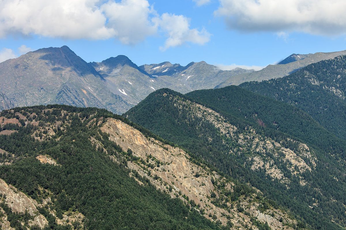 Forested ridges and high Pyrenean peaks seen from the Coll d'Ordino in summer
