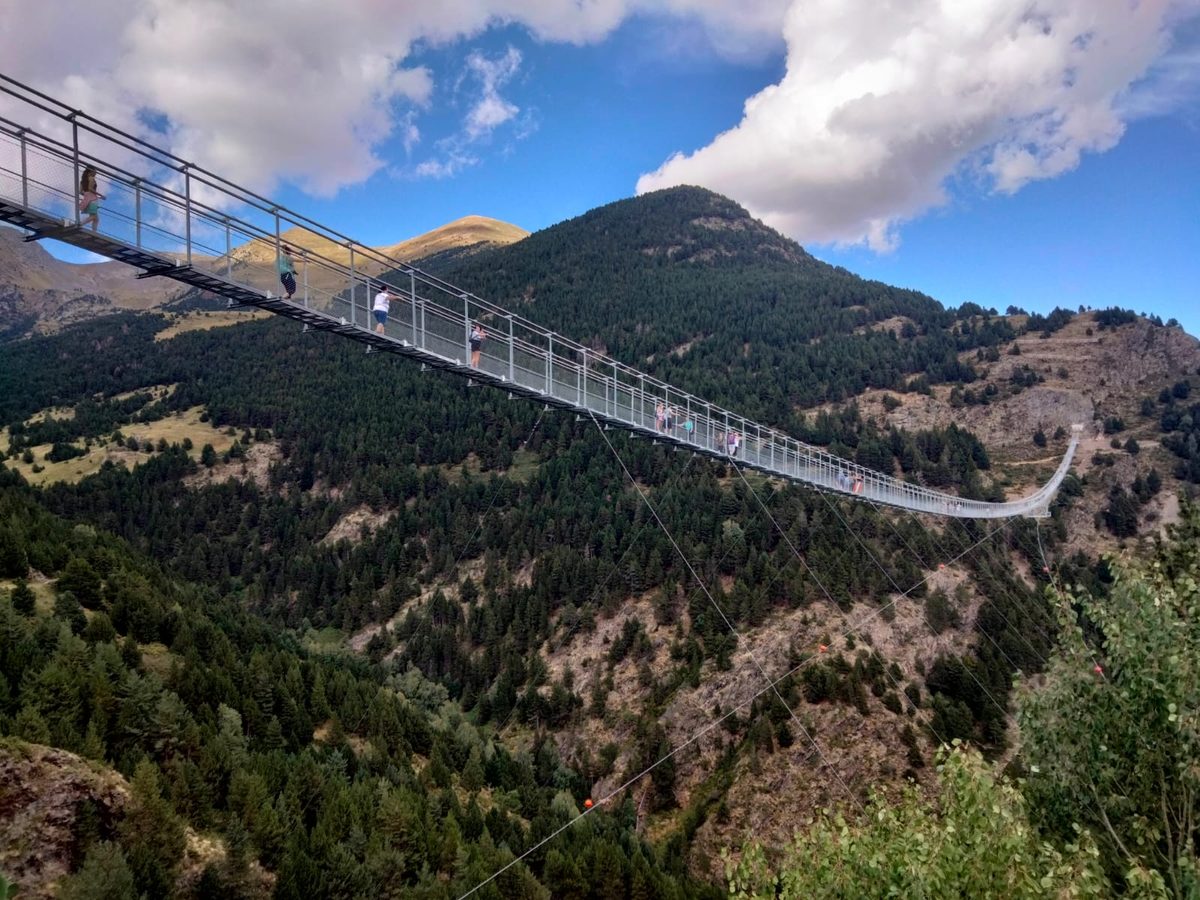 The Tibetan bridge suspension footbridge high above Canillo, Andorra, in summer