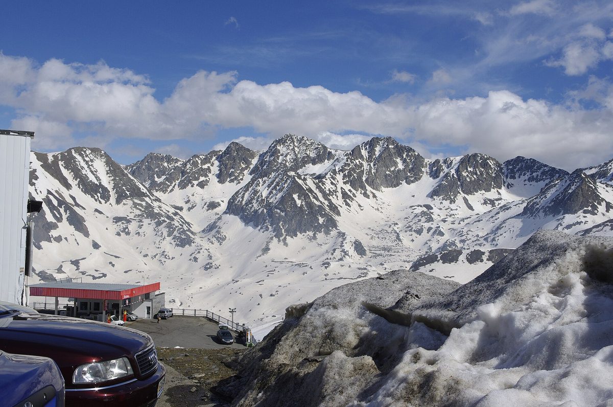 The snow-covered Port d'Envalira pass above Pas de la Casa, Andorra