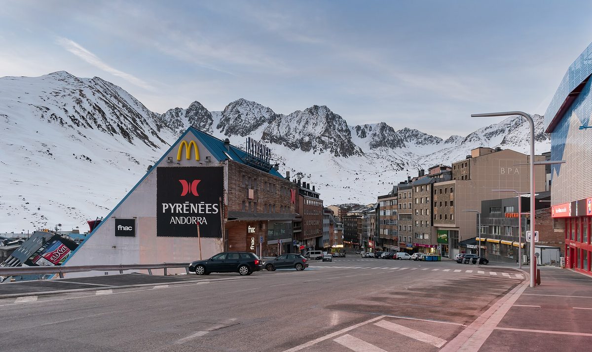 The snow-covered ski town of Pas de la Casa, Andorra, under spring skies