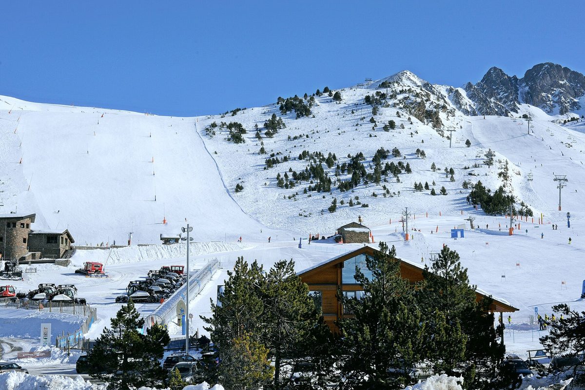 Skiers at a Grandvalira lift base, Andorra