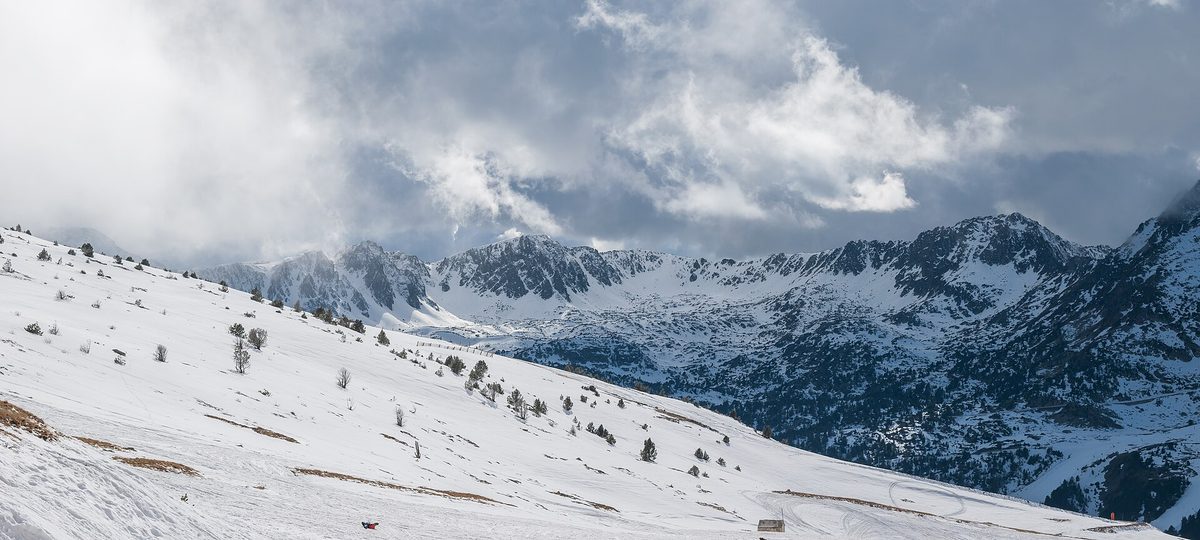 Snow-covered peaks of the Pessons cirque in Grandvalira, Andorra, in midwinter