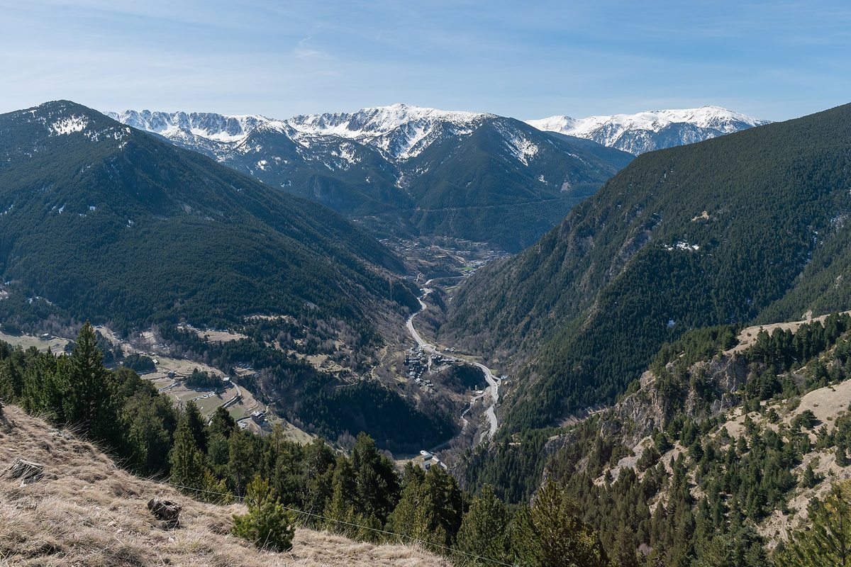 The Vall del Riu and central valley of Canillo seen from the Tibetan bridge, with Pyrenean peaks beyond