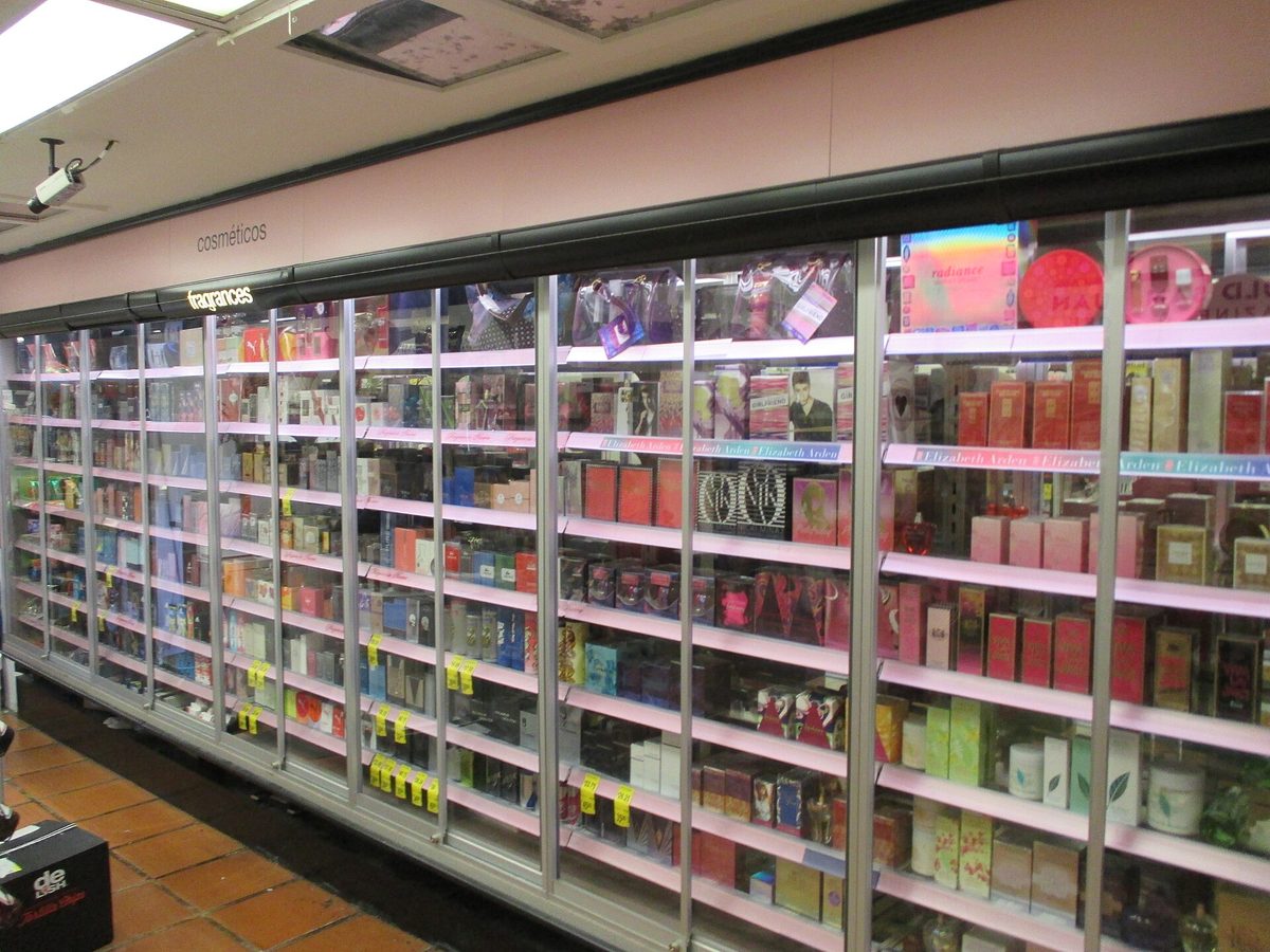 Shelves of designer fragrances in a perfumery, cheaper in low-tax Andorra