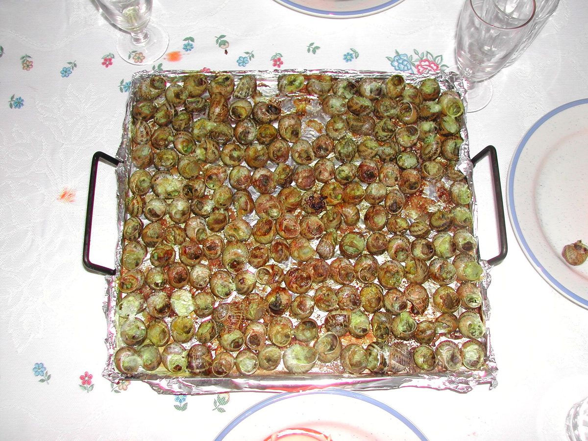 Cargols a la llauna, snails roasted in a tin tray, a fixture of every borda menu in Andorra