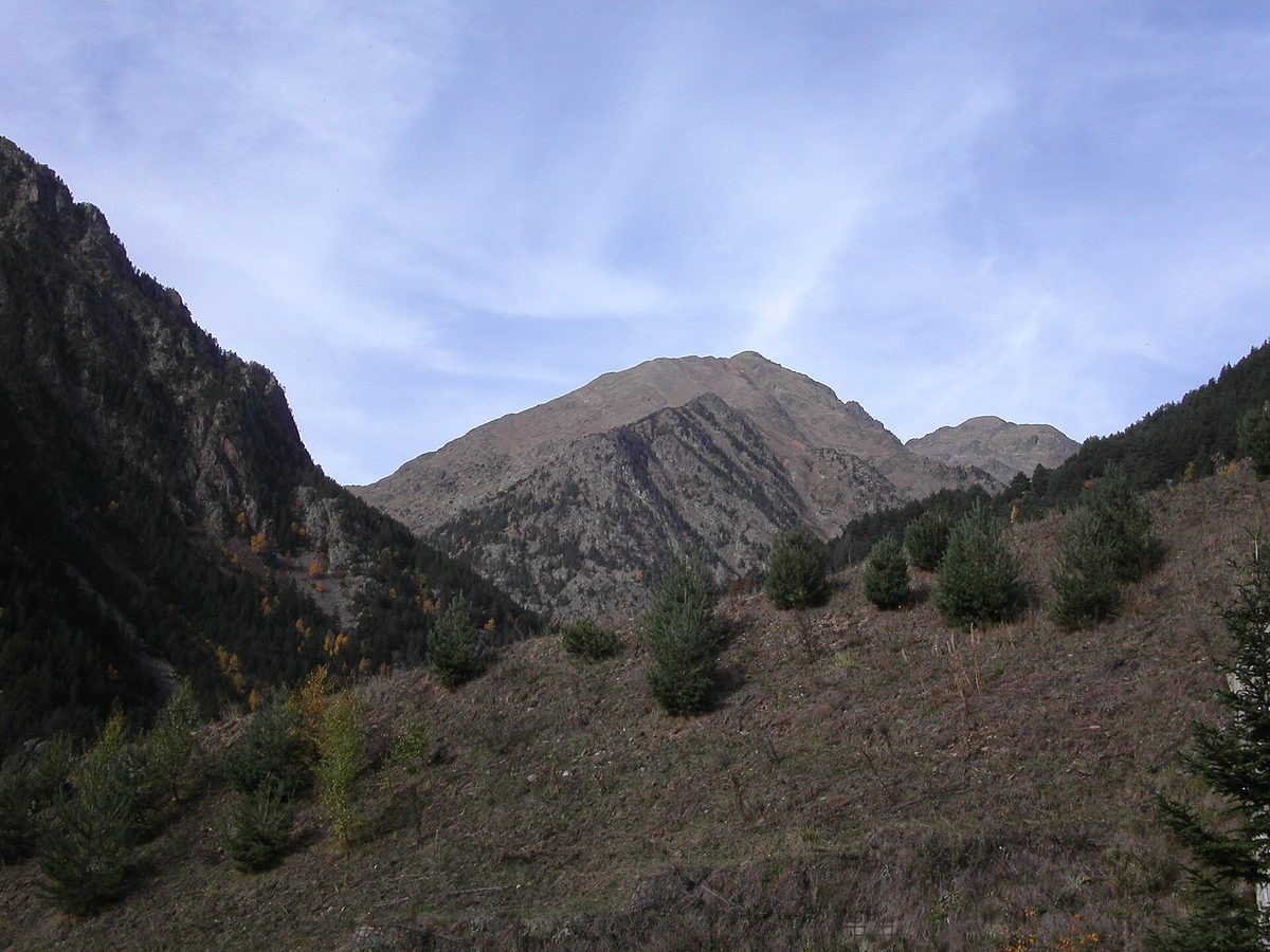 The Comapedrosa massif in north-west Andorra seen from the wooded valley below, on the last Coronallacs stage