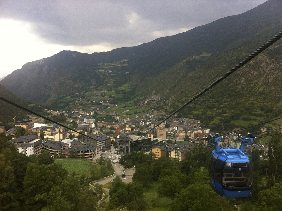 The Funicamp gondola climbing from Encamp towards the Grandvalira ski area