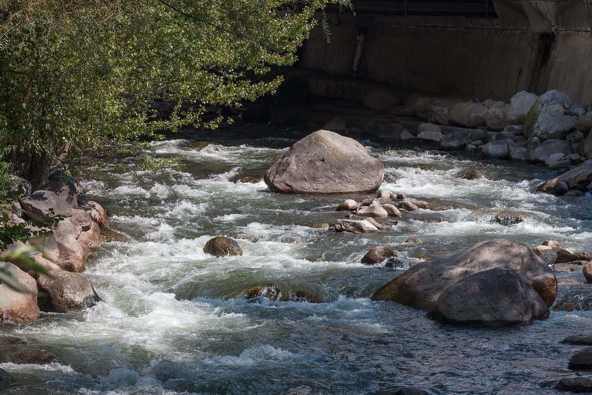 The Valira river beside the Caldea spa complex